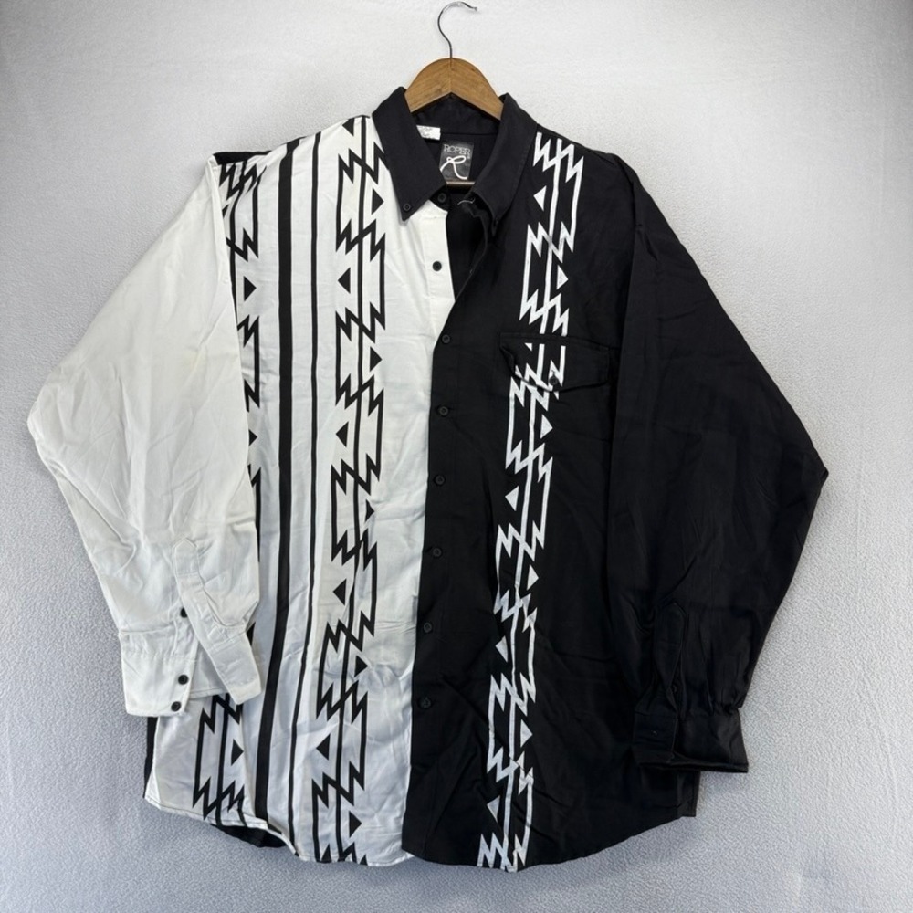 Vintage Roper Western Shirt Mens 2XL Black White Cowboy Geometric Geometric USA